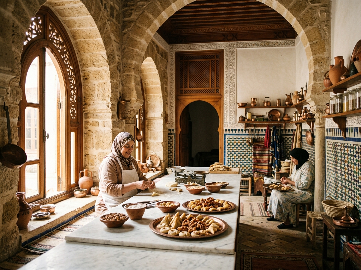 L'atelier historique de Dar Samira dans la médina de Fès avec comptoirs de marbre et voûtes ouvragées