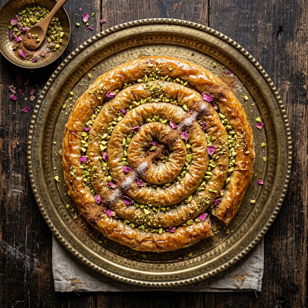 M'hancha Royale torsadée aux amandes et cannelle sur plateau de laiton